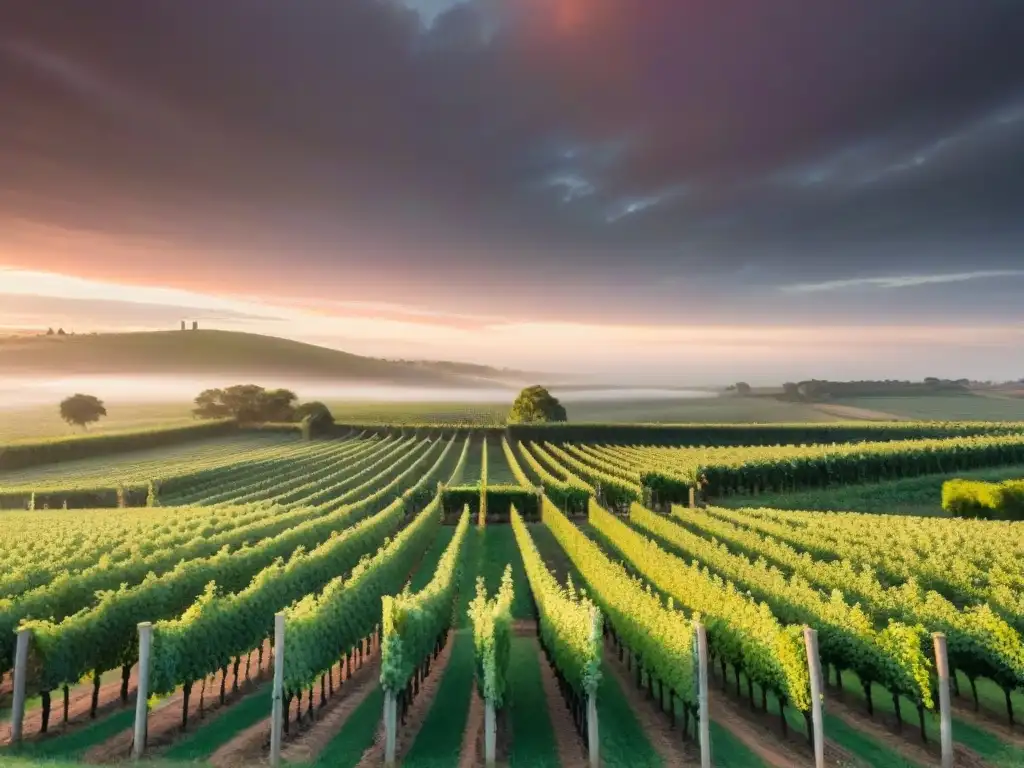 Una vista impresionante de un viñedo sereno al atardecer en Uruguay, reflejando la historia y tradición de las bodegas uruguayas