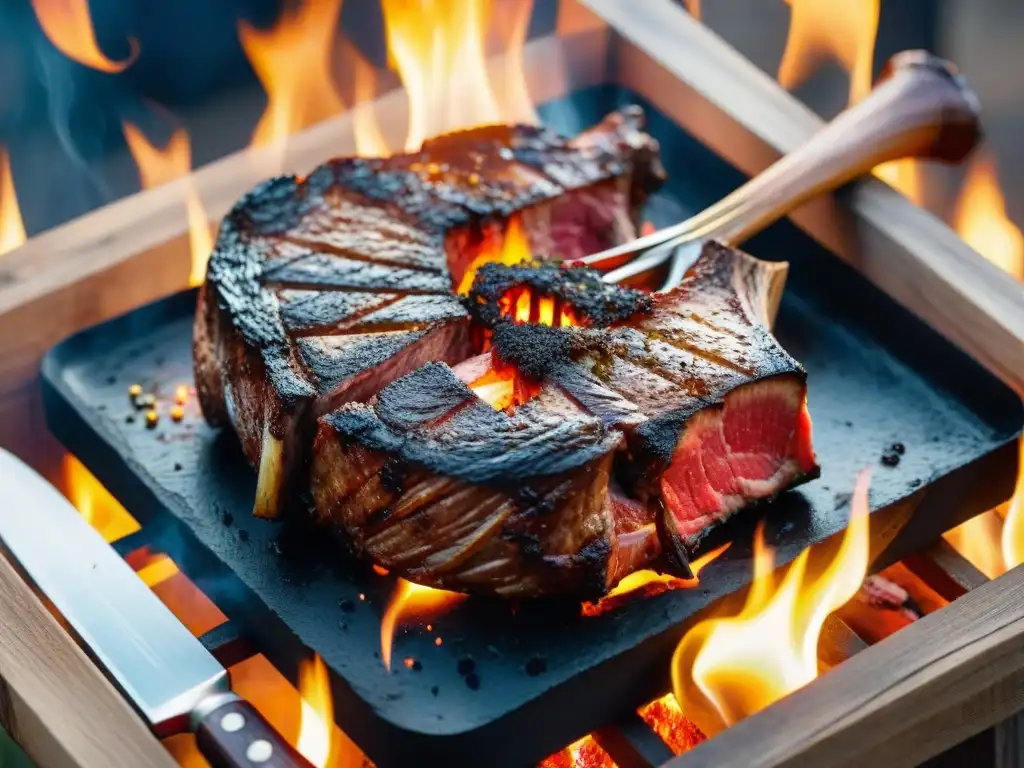 Deléitate con la vista de un suculento tomahawk steak a la parrilla, rodeado de lujo y sabores exquisitos