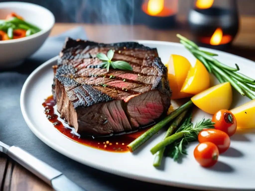 Una vista visual del asado uruguayo: suculento steak con marcas de parrilla, vegetales coloridos y chimichurri