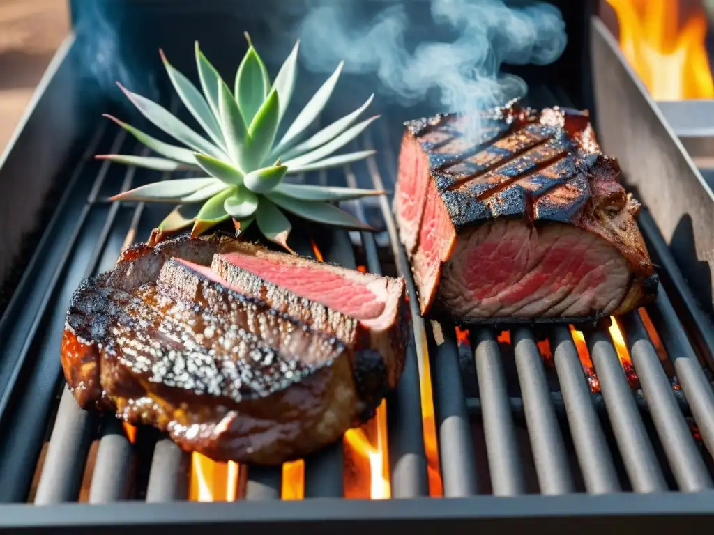 Comparación visual entre asado eléctrico y solar: carne jugosa y ahumada con marcas de parrilla, cocinada bajo el sol y la electricidad