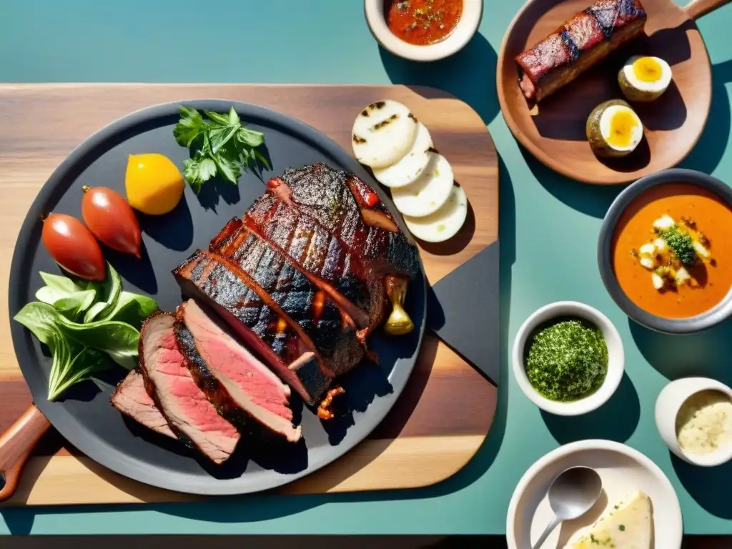 Presentación visual del asado uruguayo: Mesa rústica con sabrosas carnes a la parrilla, chorizos, provoleta y chimichurri bajo cálida luz natural