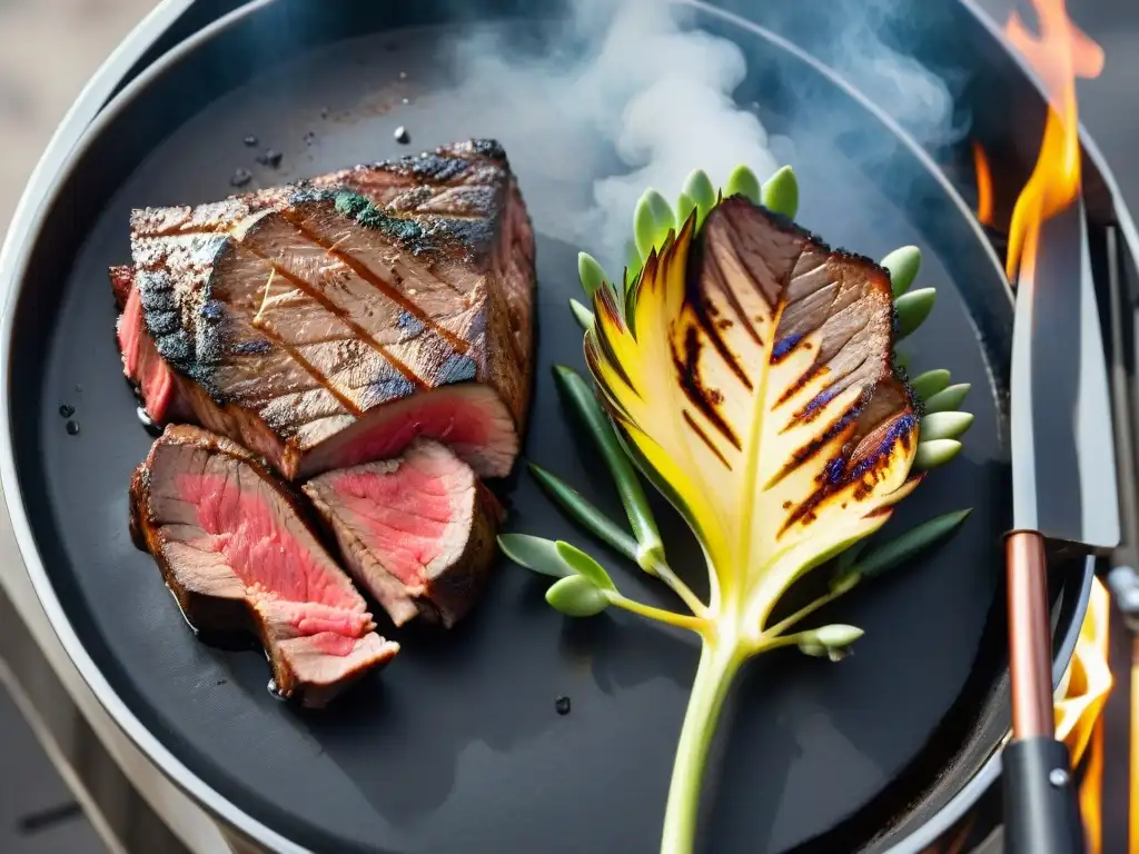 Comparación visual entre un suculento filete cocinado a la parrilla de carbón y otro a la parrilla de gas, destacando el mejor tipo de sabor