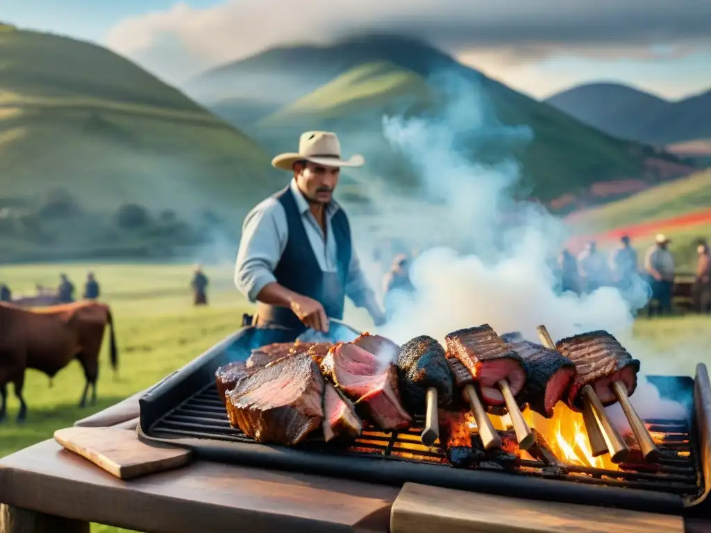 Vívida escena de asado uruguayo tradición regional cultura: gauchos asando carne en parrilla al aire libre