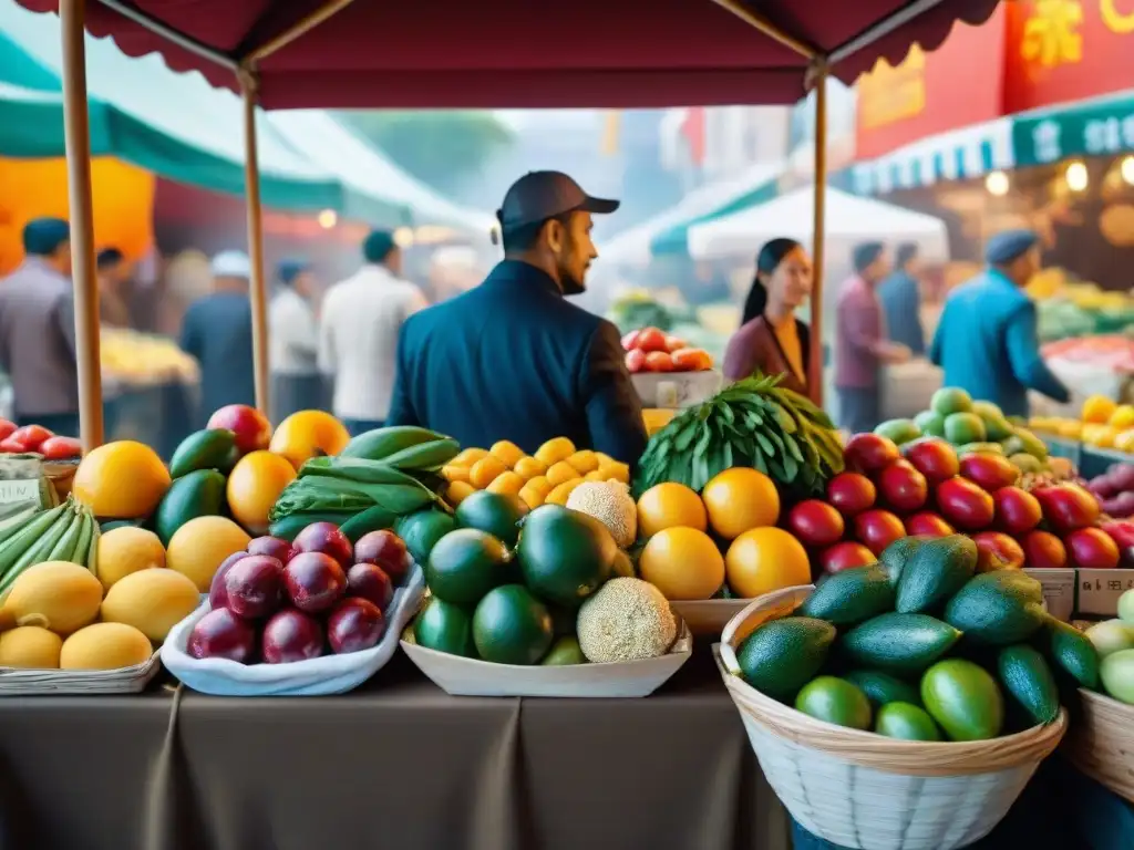 Vívida escena de mercado en Montevideo con influencias internacionales en gastronomía uruguaya